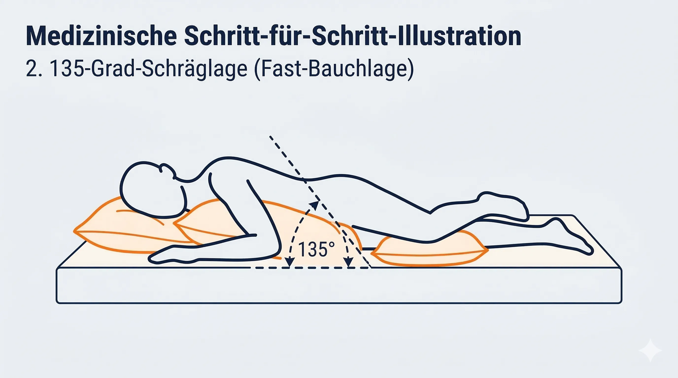 135-Grad-Schräglage: Person liegt fast auf dem Bauch, leicht zur Seite geneigt, mit Kissen abgestützt