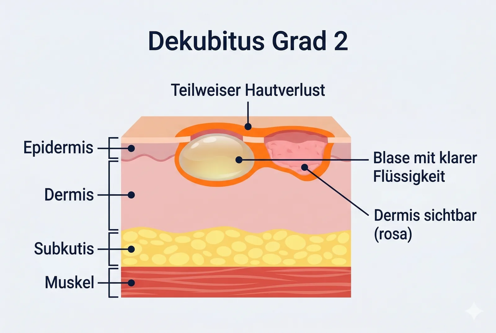 Dekubitus Grad 2: Blase oder flacher Hautdefekt im Querschnitt