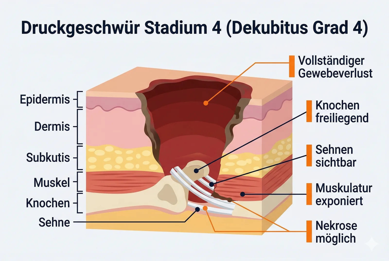Dekubitus Grad 4: Knochen und Sehnen freiliegend im Querschnitt