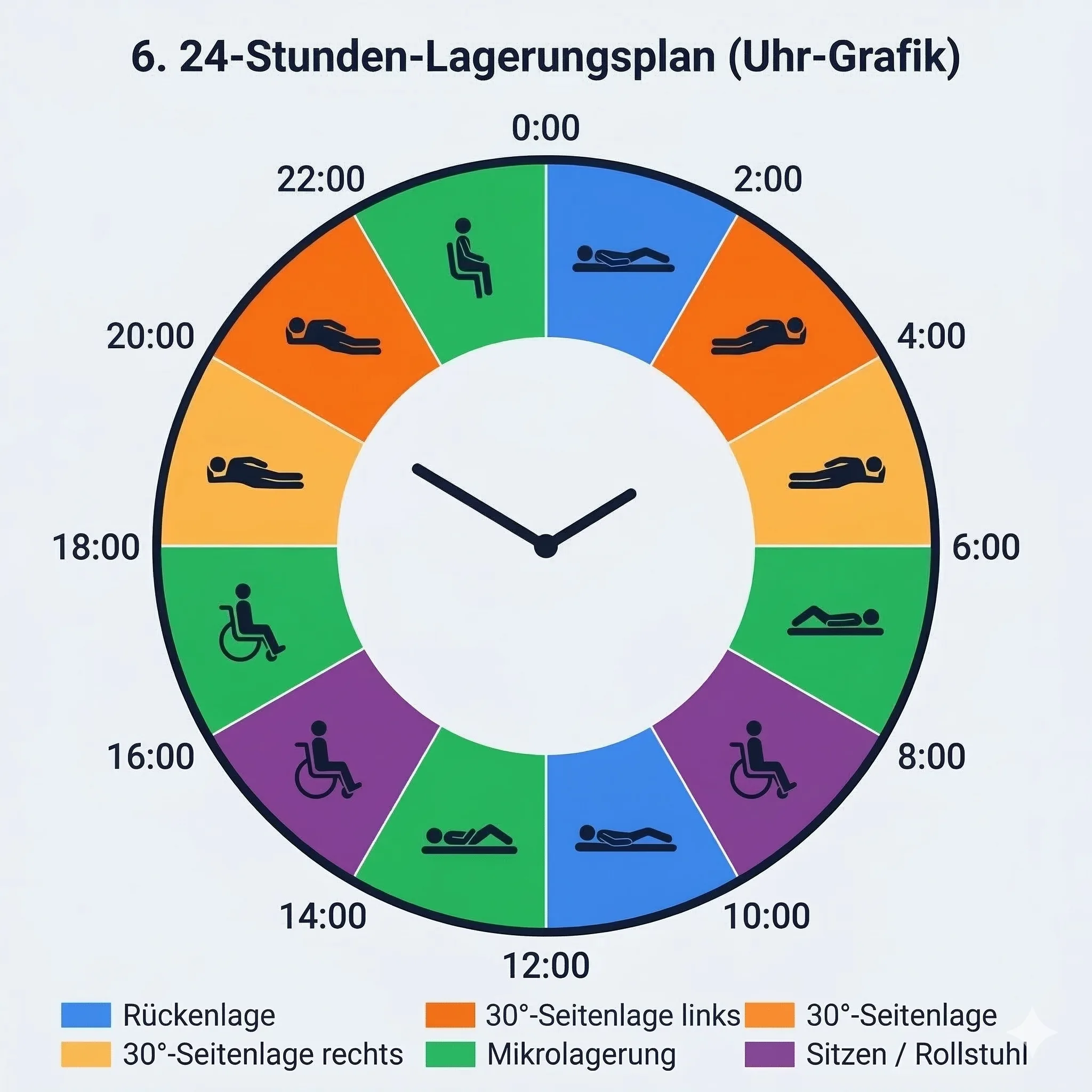 24-Stunden-Lagerungsplan als Uhr-Grafik: Farbige Segmente zeigen den Wechsel zwischen Rückenlage, Seitenlage und Mikrolagerung
