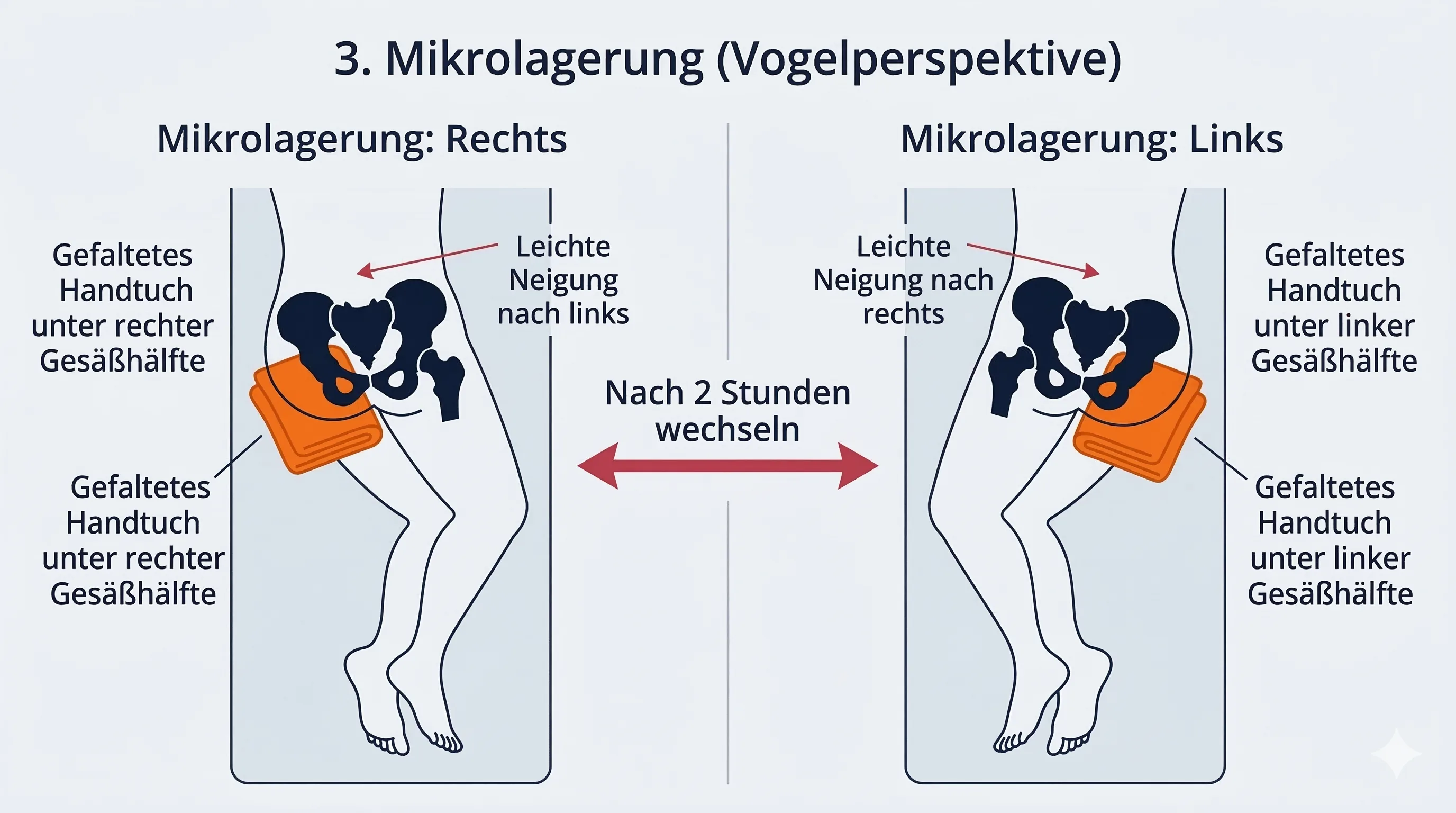 Mikrolagerung: Handtuch unter einer Gesäßhälfte, alle 2 Stunden die Seite wechseln