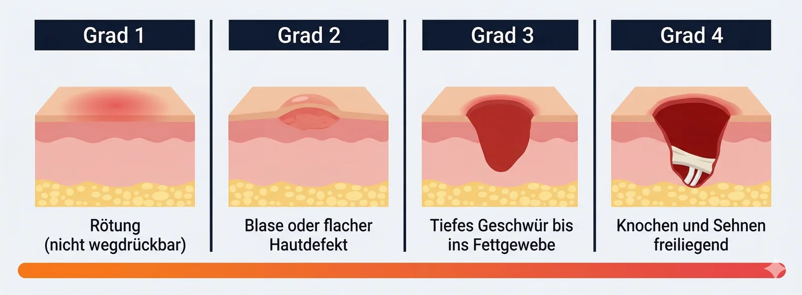 Dekubitus Stadien 1 bis 4 im Vergleich: Von Rötung bis freiliegendem Knochen