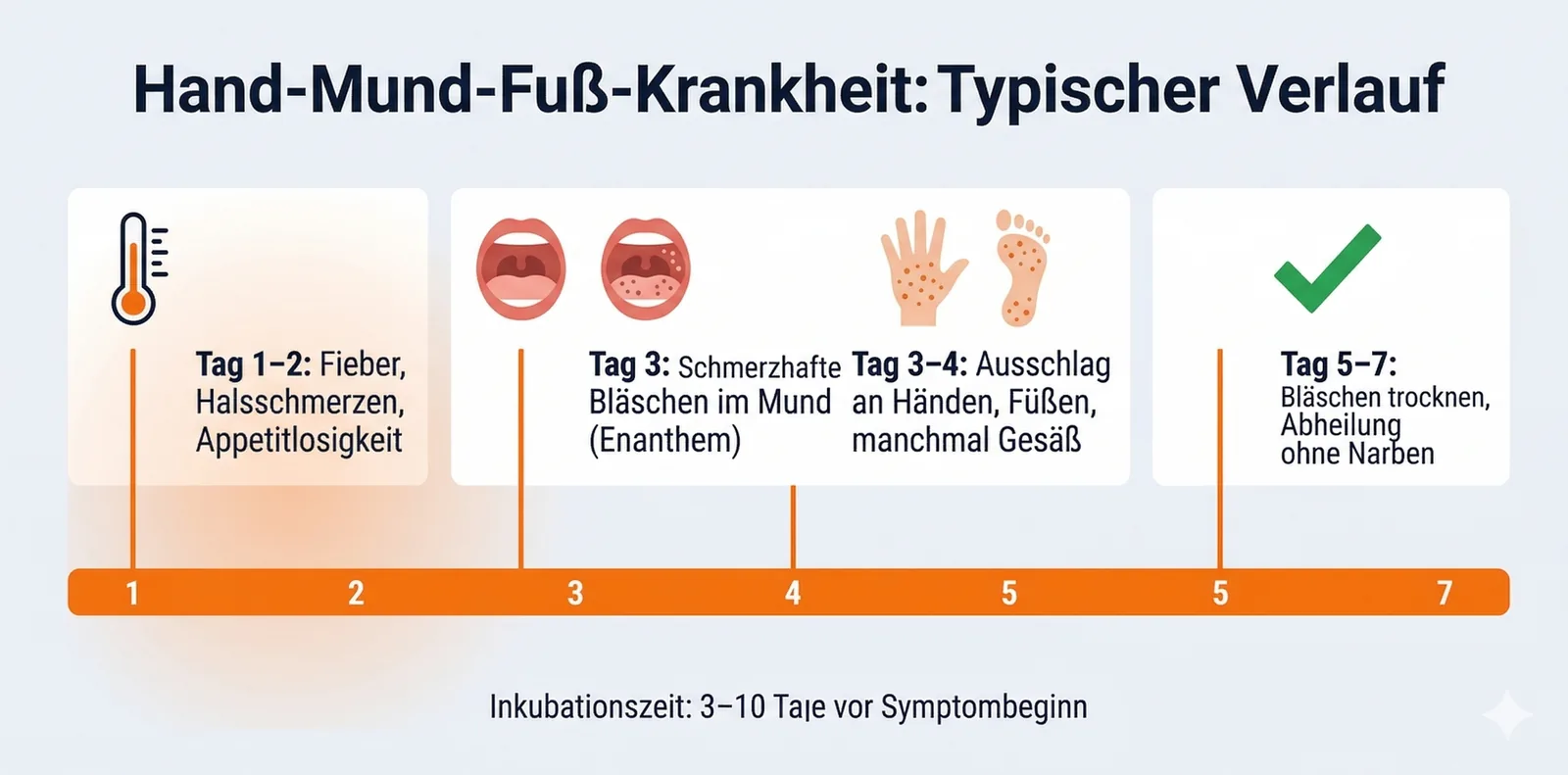 Hand-Mund-Fuß-Krankheit Verlauf: Tag 1 bis 7 von Fieber bis Abheilung