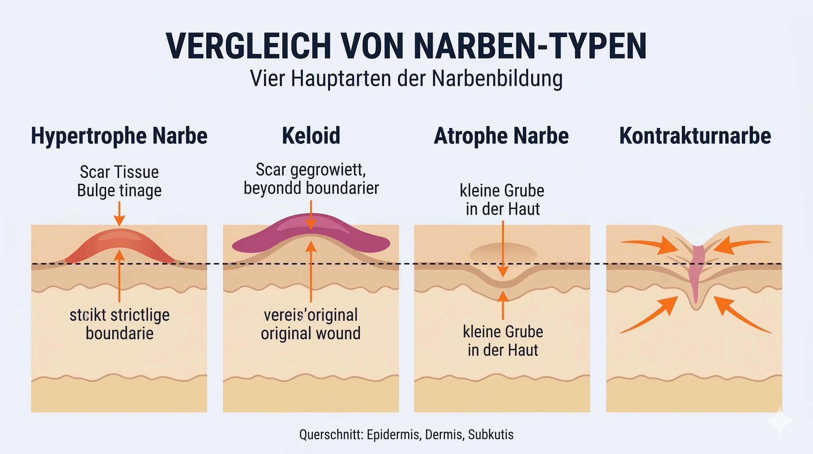 Vier Narbentypen im Vergleich: Hypertrophe Narbe, Keloid, Atrophe Narbe und Kontrakturnarbe als Haut-Querschnitt