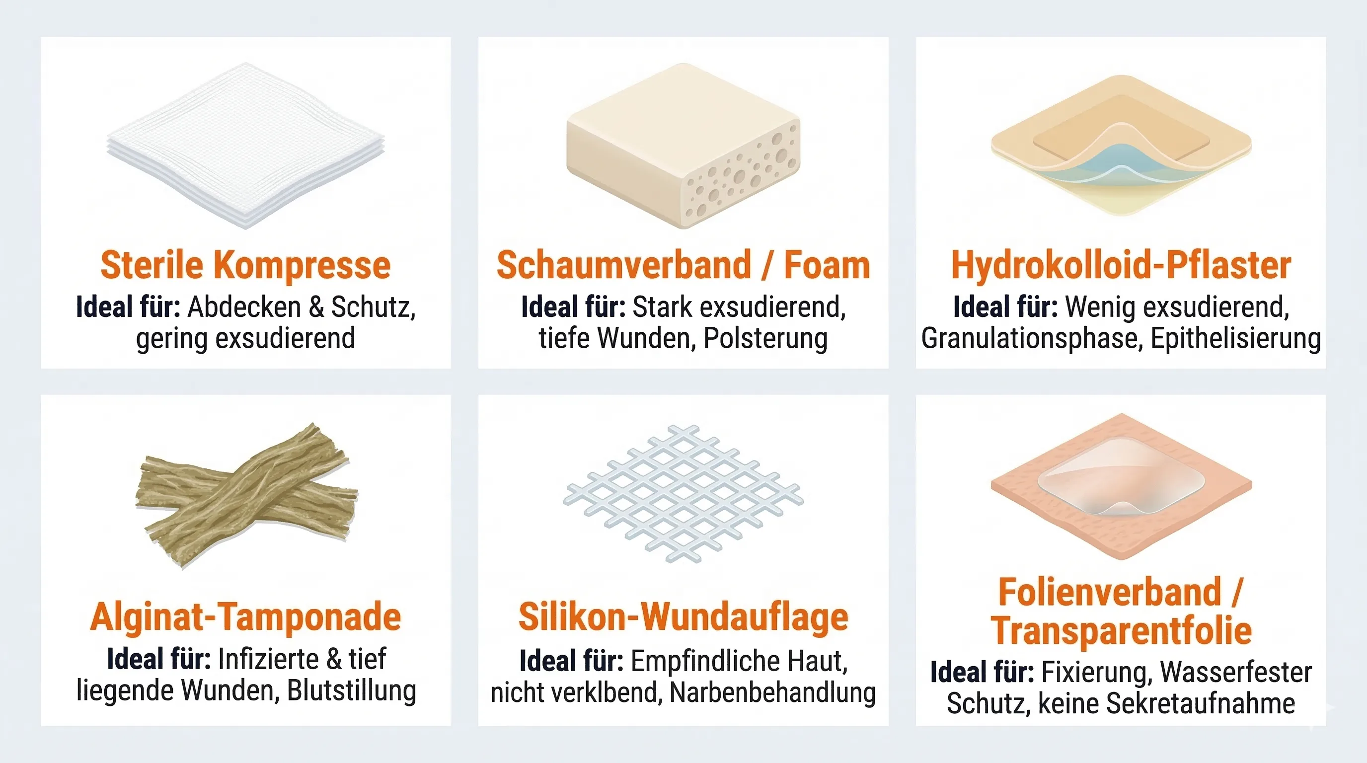 Verbandsmaterial-Übersicht: Sterile Kompresse, Schaumverband, Hydrokolloid-Pflaster, Alginat-Tamponade, Silikon-Wundauflage, Folienverband