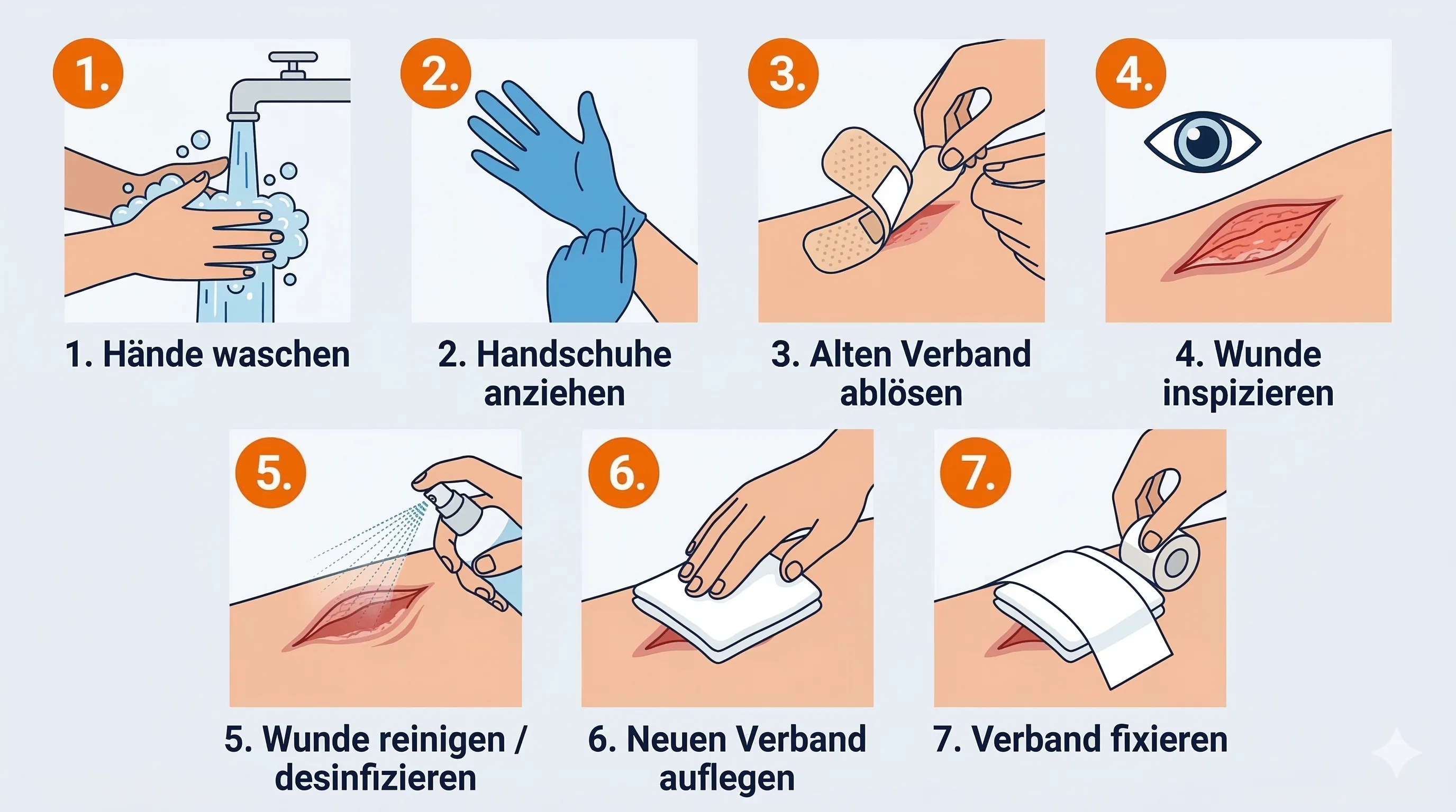 Verbandwechsel in 7 Schritten: Hände waschen, Handschuhe, alten Verband ablösen, inspizieren, desinfizieren, neuen Verband auflegen, fixieren