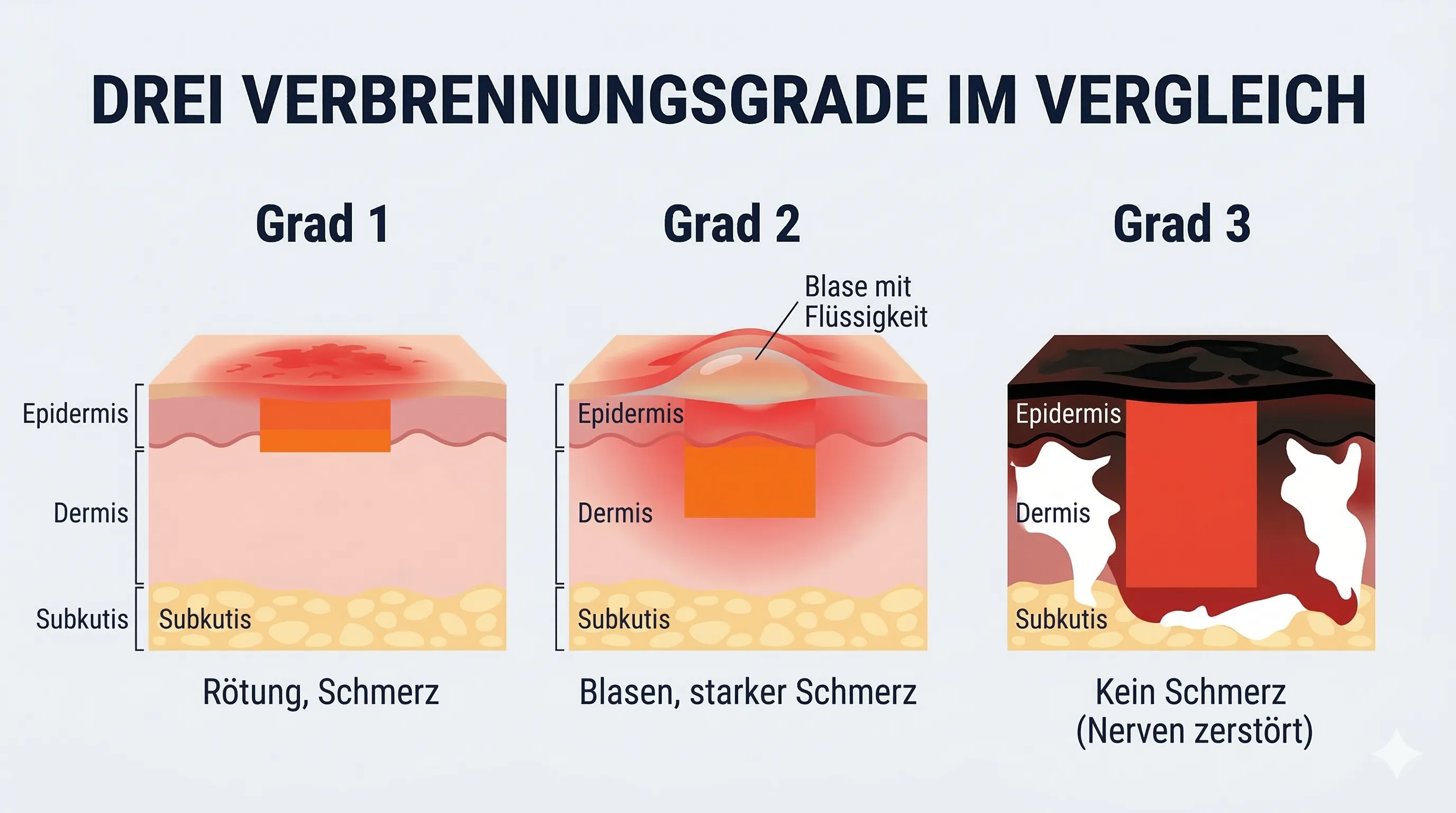 Verbrennungsgrade 1 bis 4 im Vergleich: Querschnitt der Haut zeigt zunehmende Gewebeschädigung