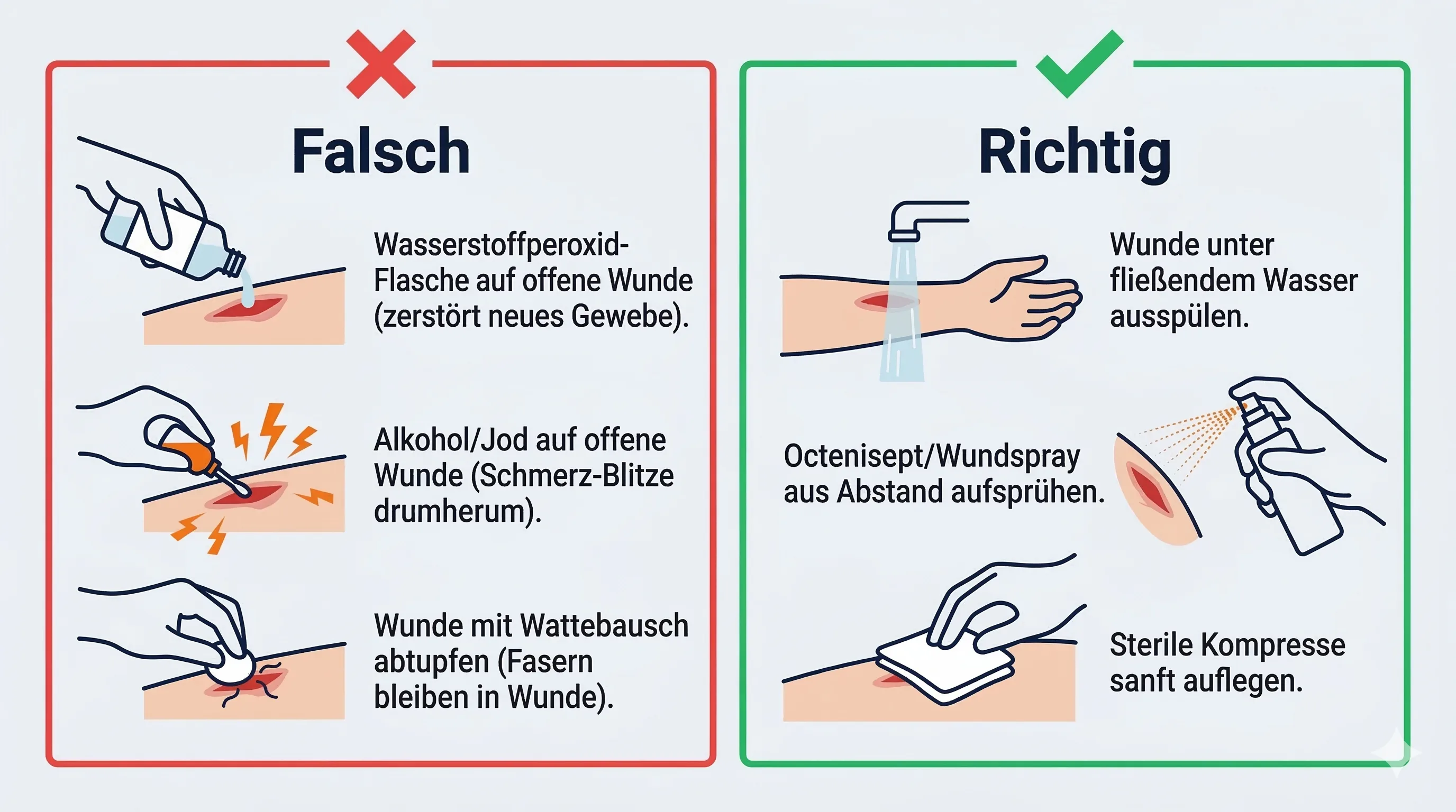 Wunde desinfizieren: Richtig vs. Falsch — kein Wasserstoffperoxid oder Alkohol, stattdessen Wundspray und sterile Kompresse