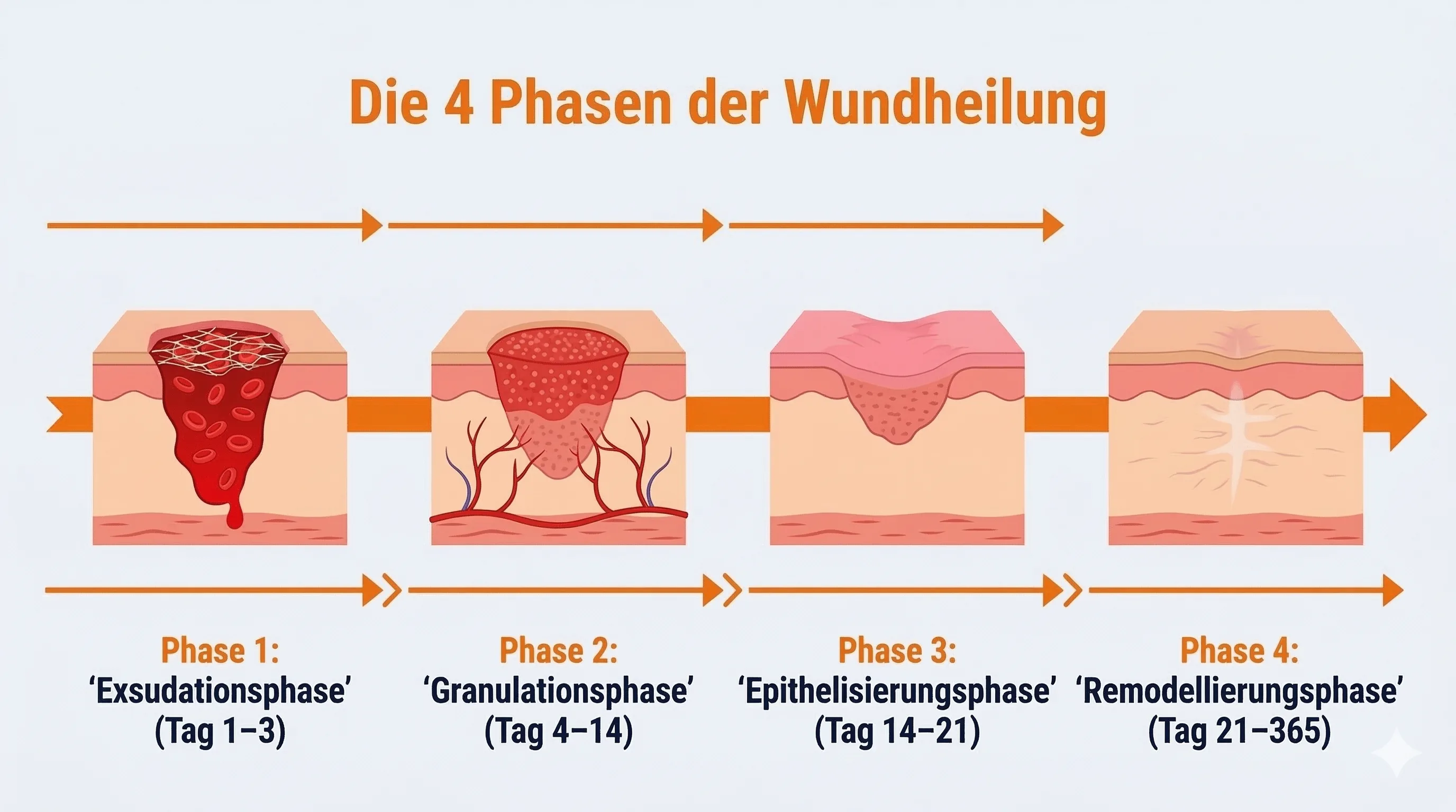 Die 4 Phasen der Wundheilung: Exsudation, Granulation, Epithelisierung und Remodeling als Zeitstrahl mit Querschnitt-Darstellungen